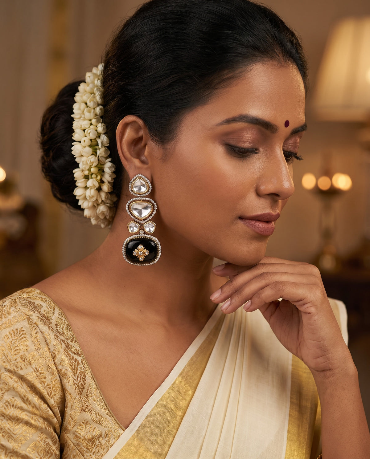 Black Onyx Kundan Drop Earrings