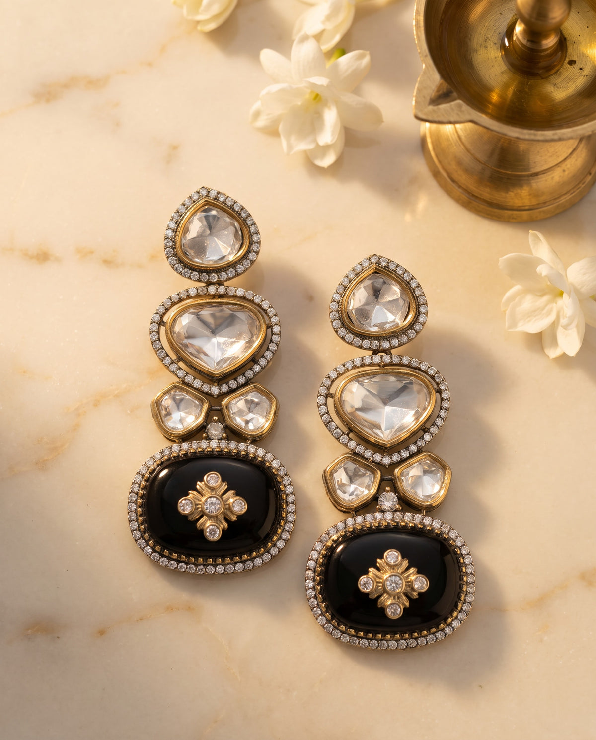 Black Onyx Kundan Drop Earrings