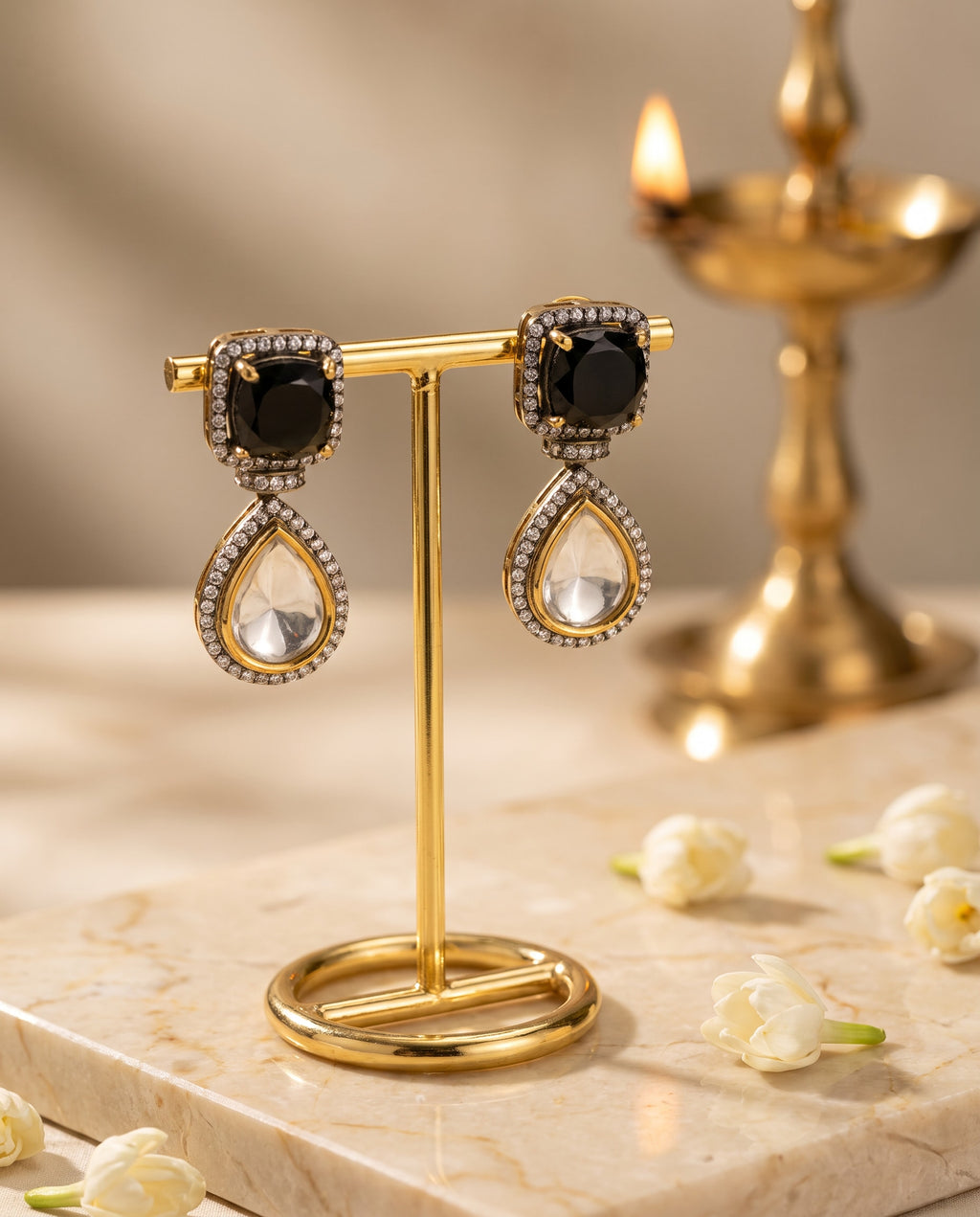 Black Square Kundan Drop Earrings