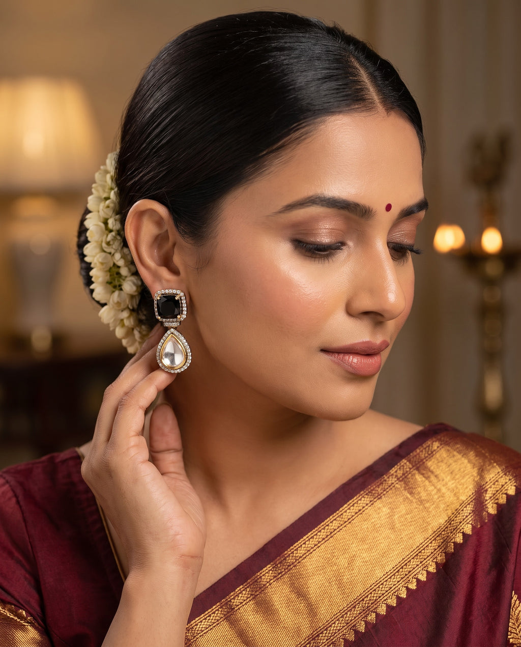 Black Square Kundan Drop Earrings