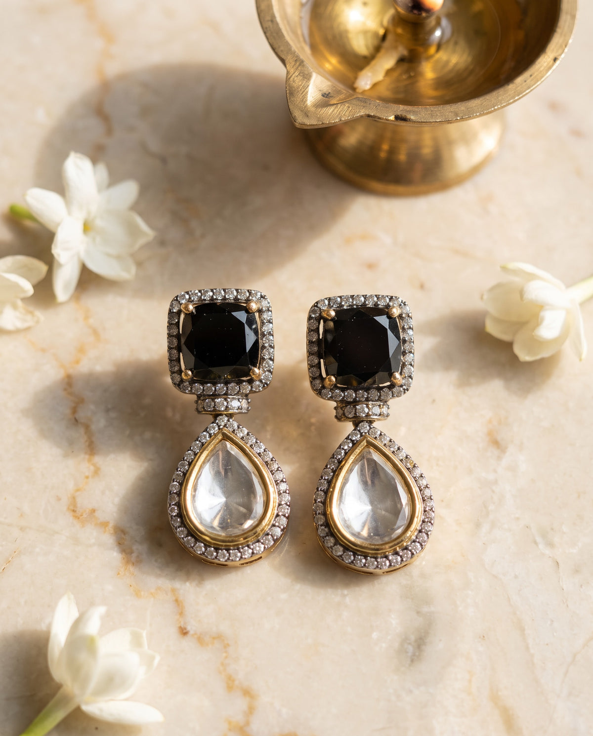 Black Square Kundan Drop Earrings