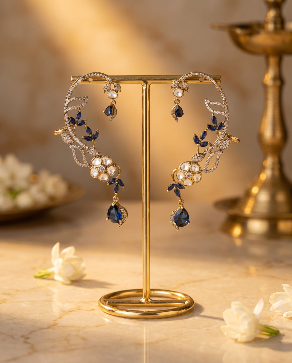 Blue Stone Floral Ear Cuffs