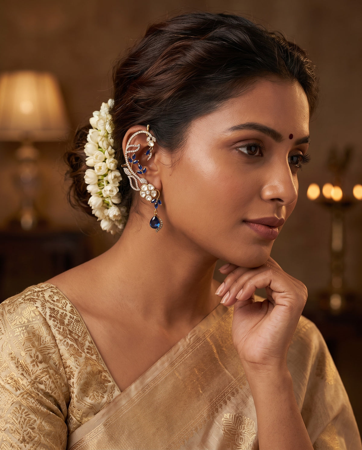 Blue Stone Floral Ear Cuffs