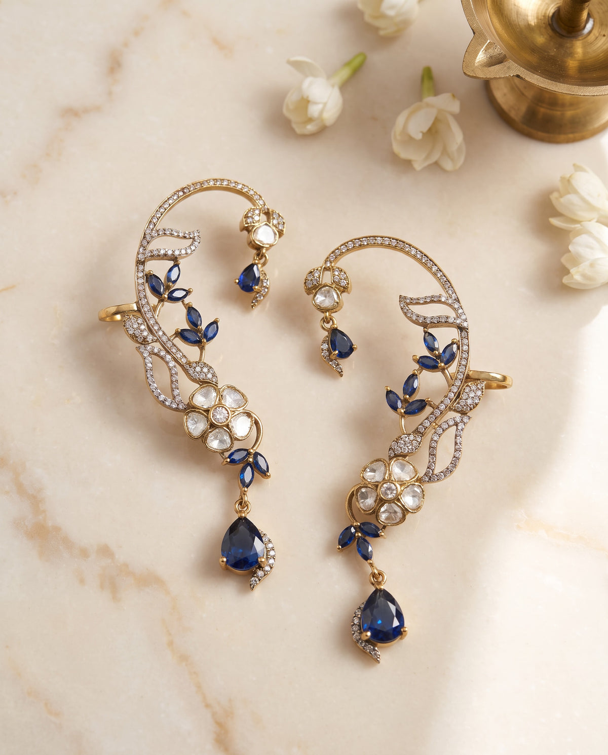 Blue Stone Floral Ear Cuffs