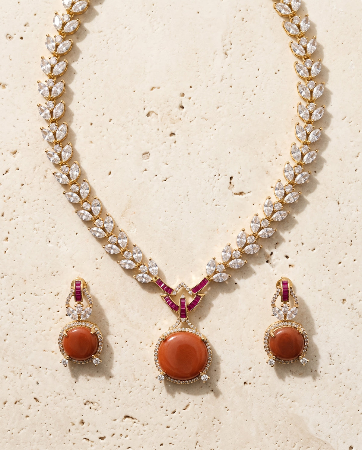 Coral Drop CZ Necklace Set