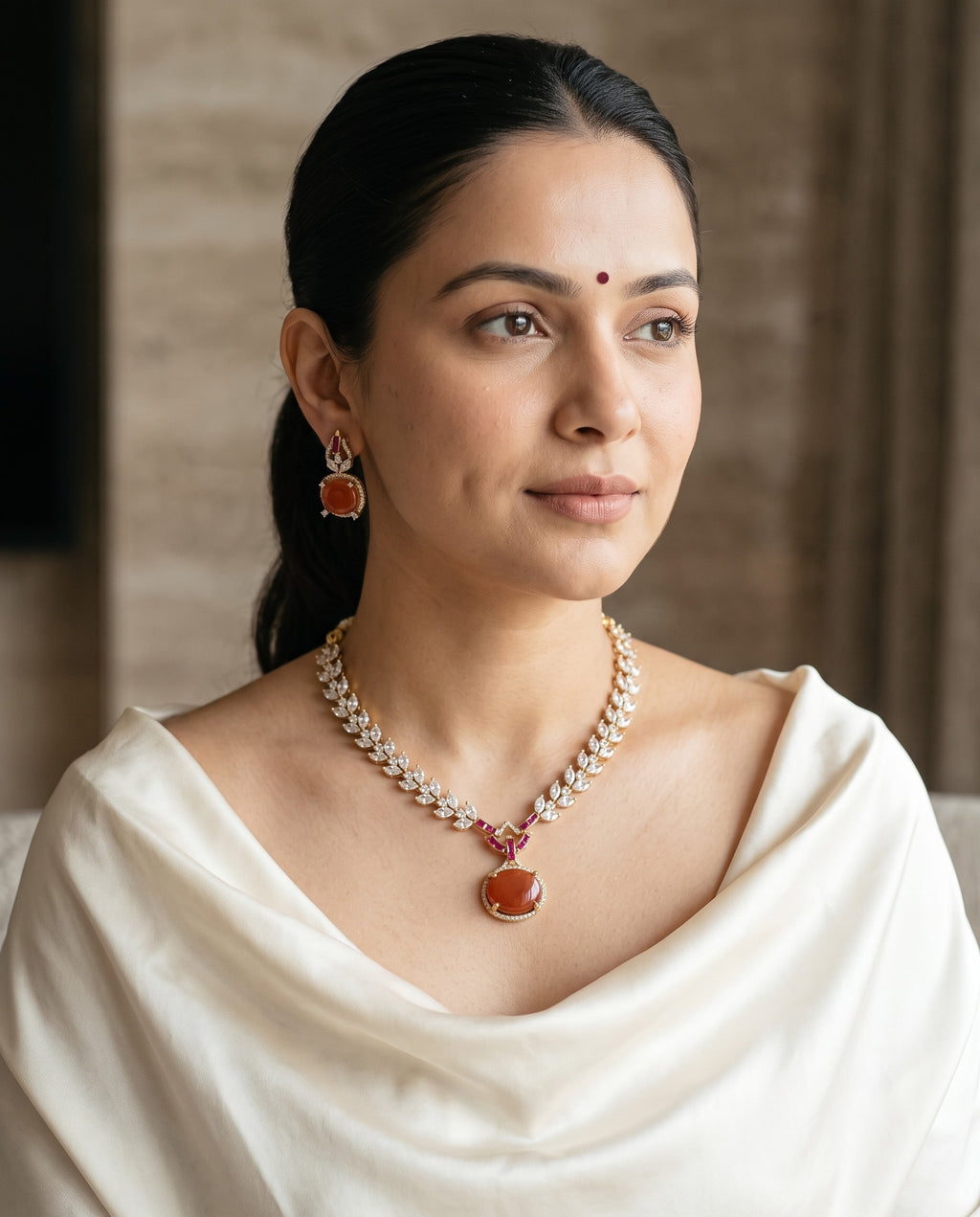 Coral Drop CZ Necklace Set