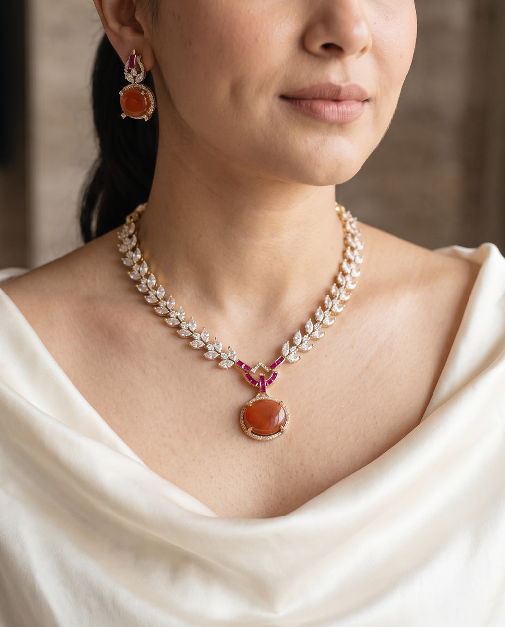 Coral Drop CZ Necklace Set