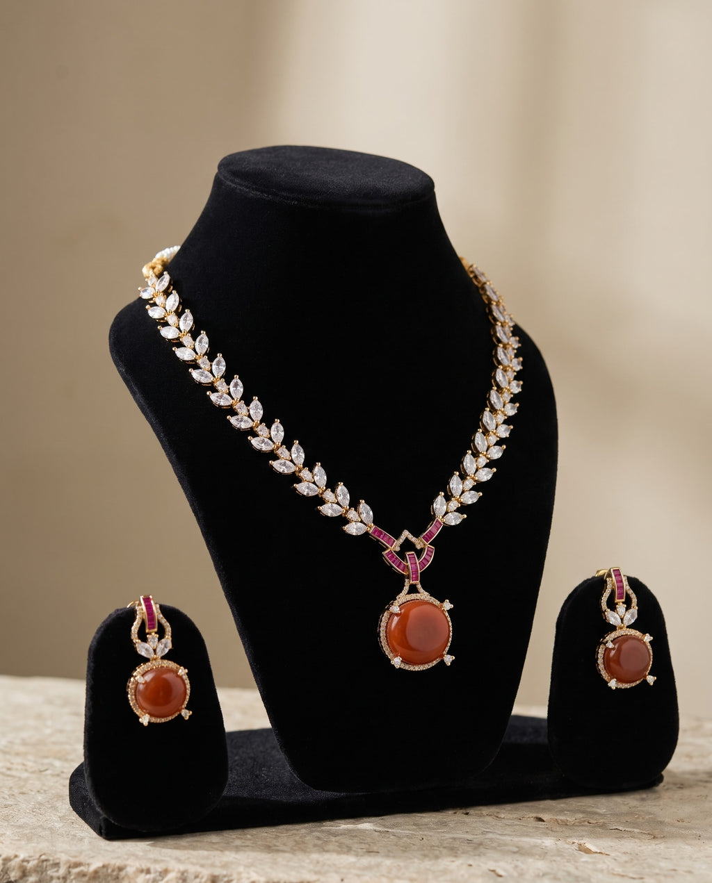 Coral Drop CZ Necklace Set