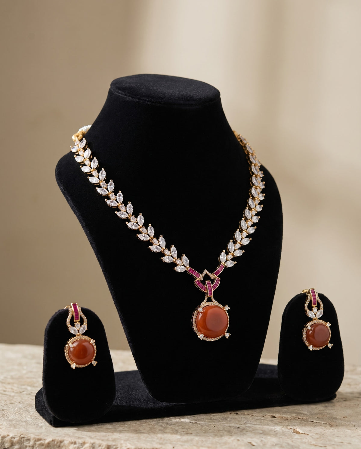 Coral Drop CZ Necklace Set