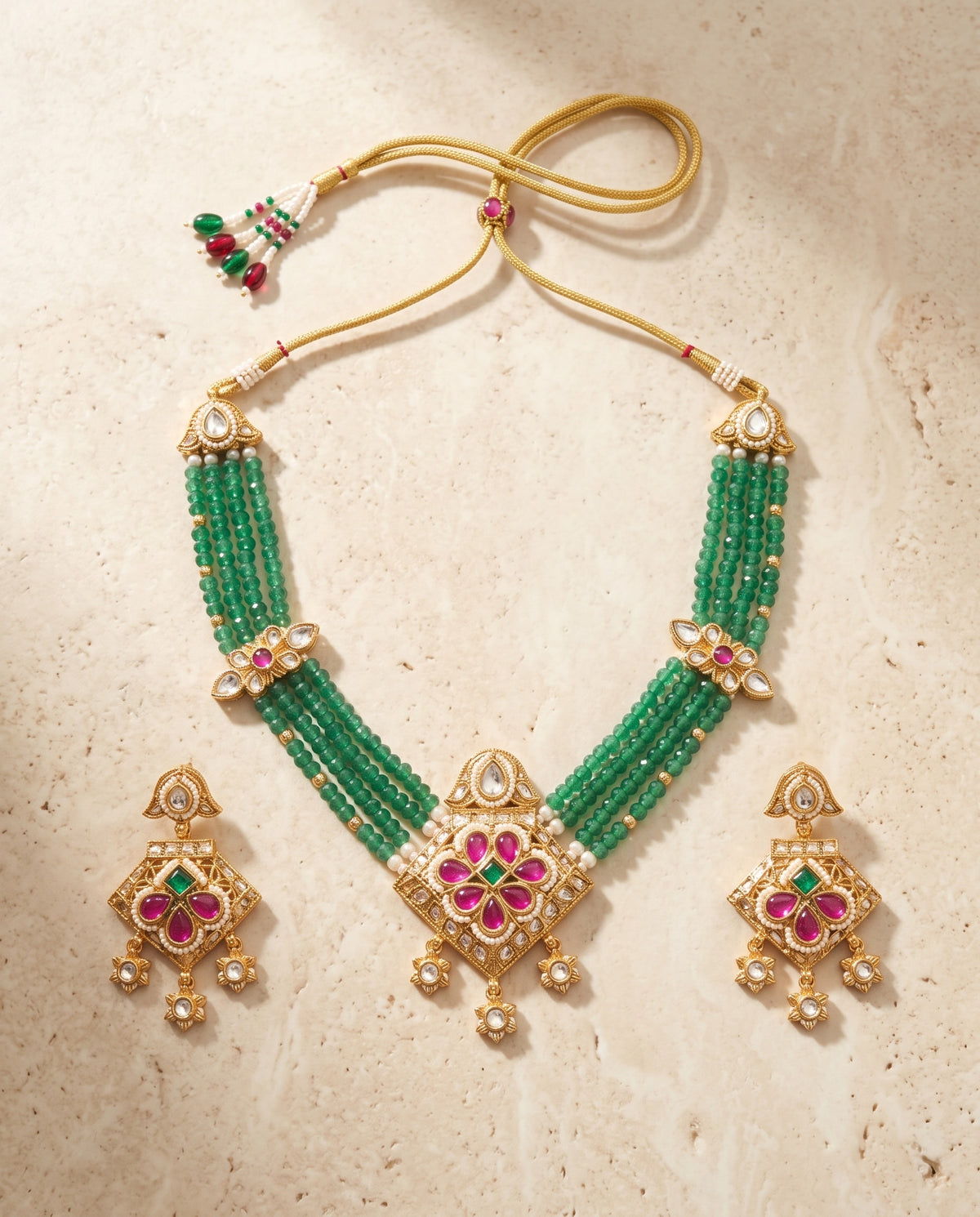 Emerald Bead Kundan Square Choker