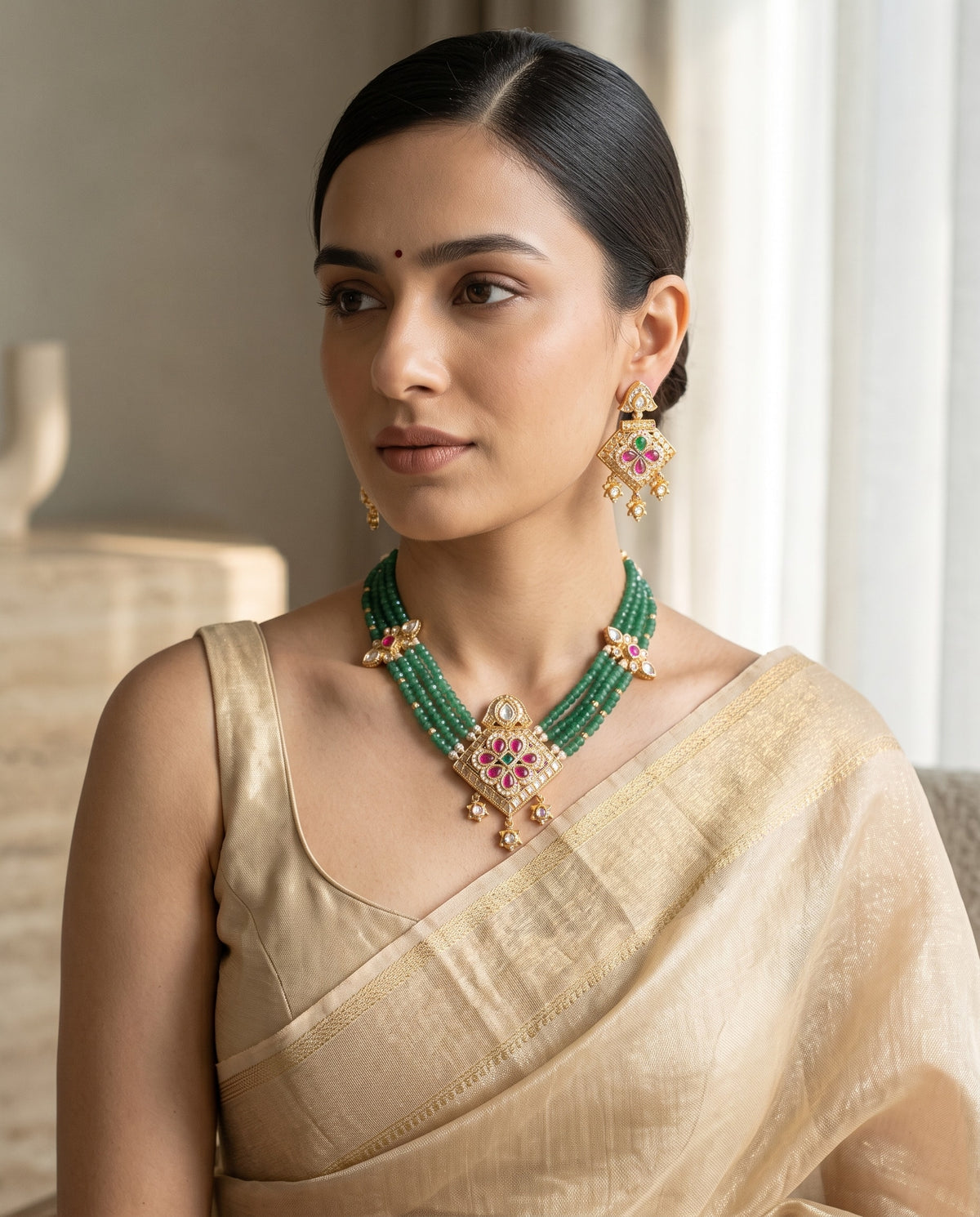 Emerald Bead Kundan Square Choker