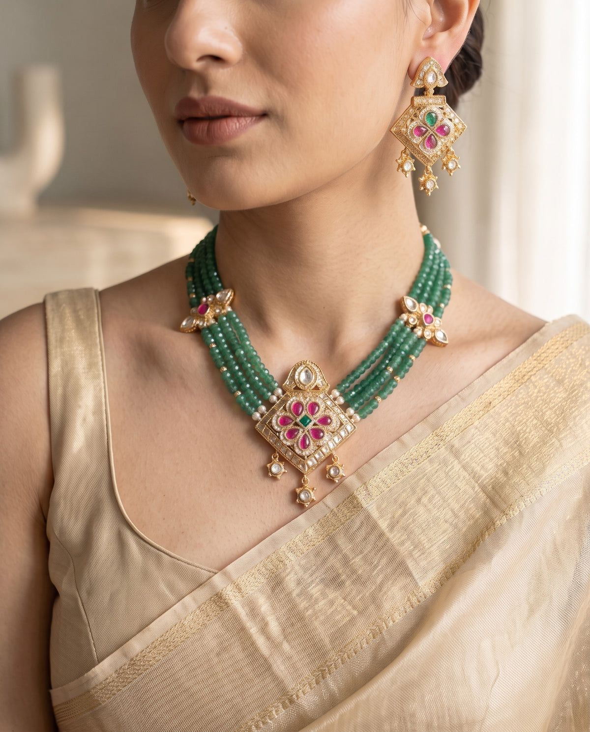 Emerald Bead Kundan Square Choker