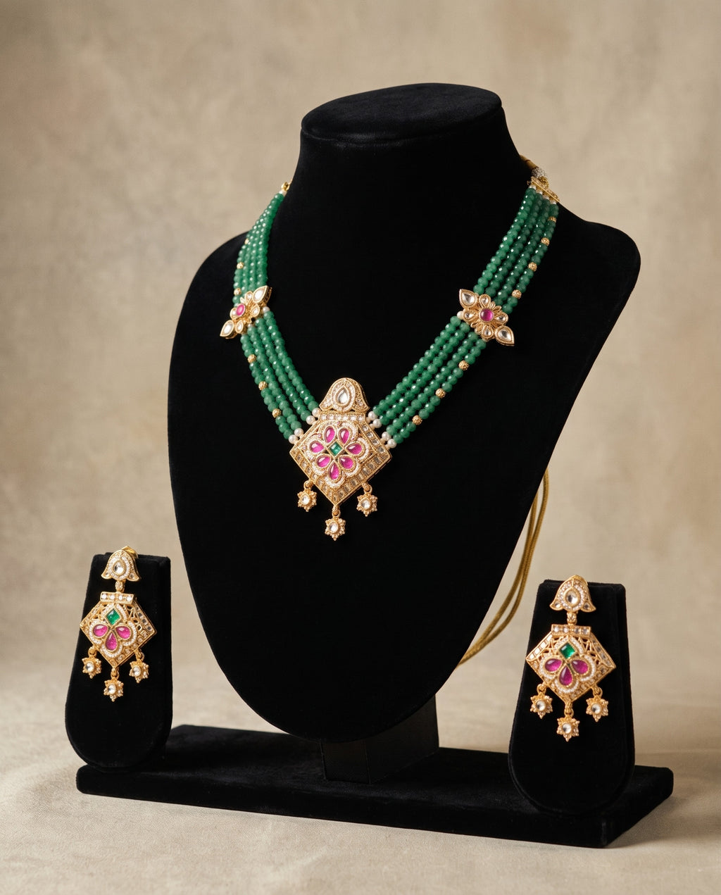 Emerald Bead Kundan Square Choker