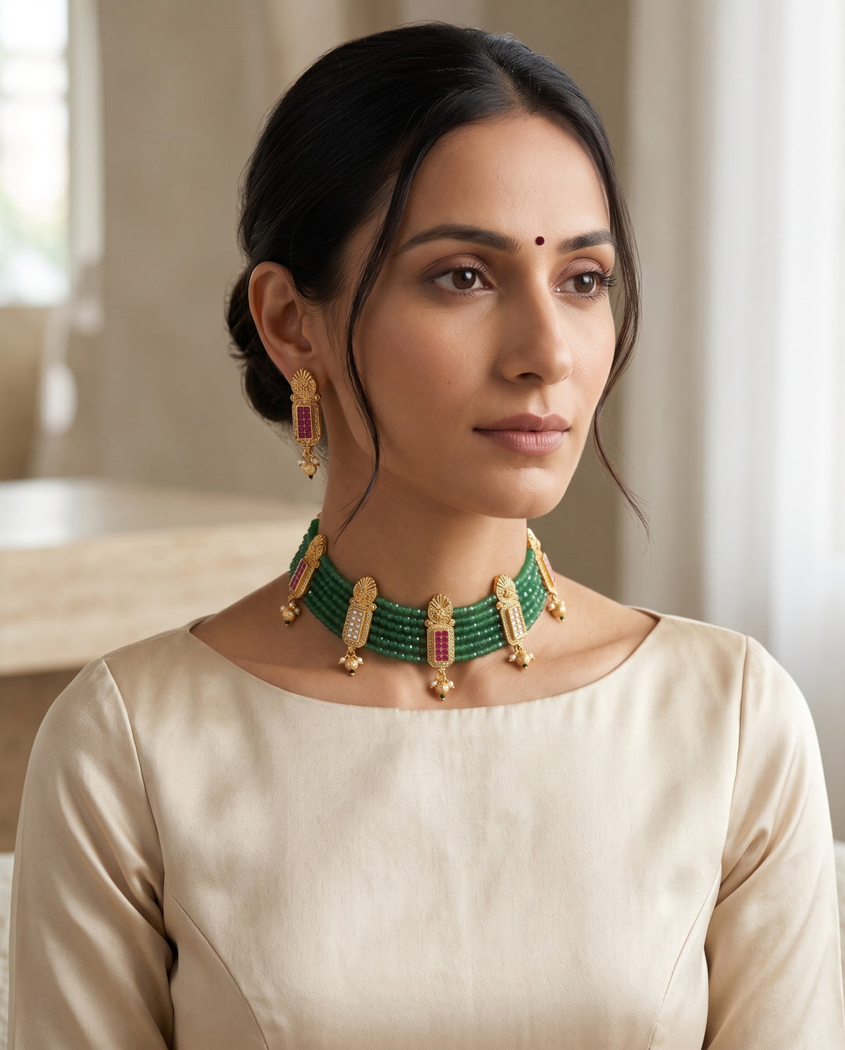 Green Bead Bar Choker Set