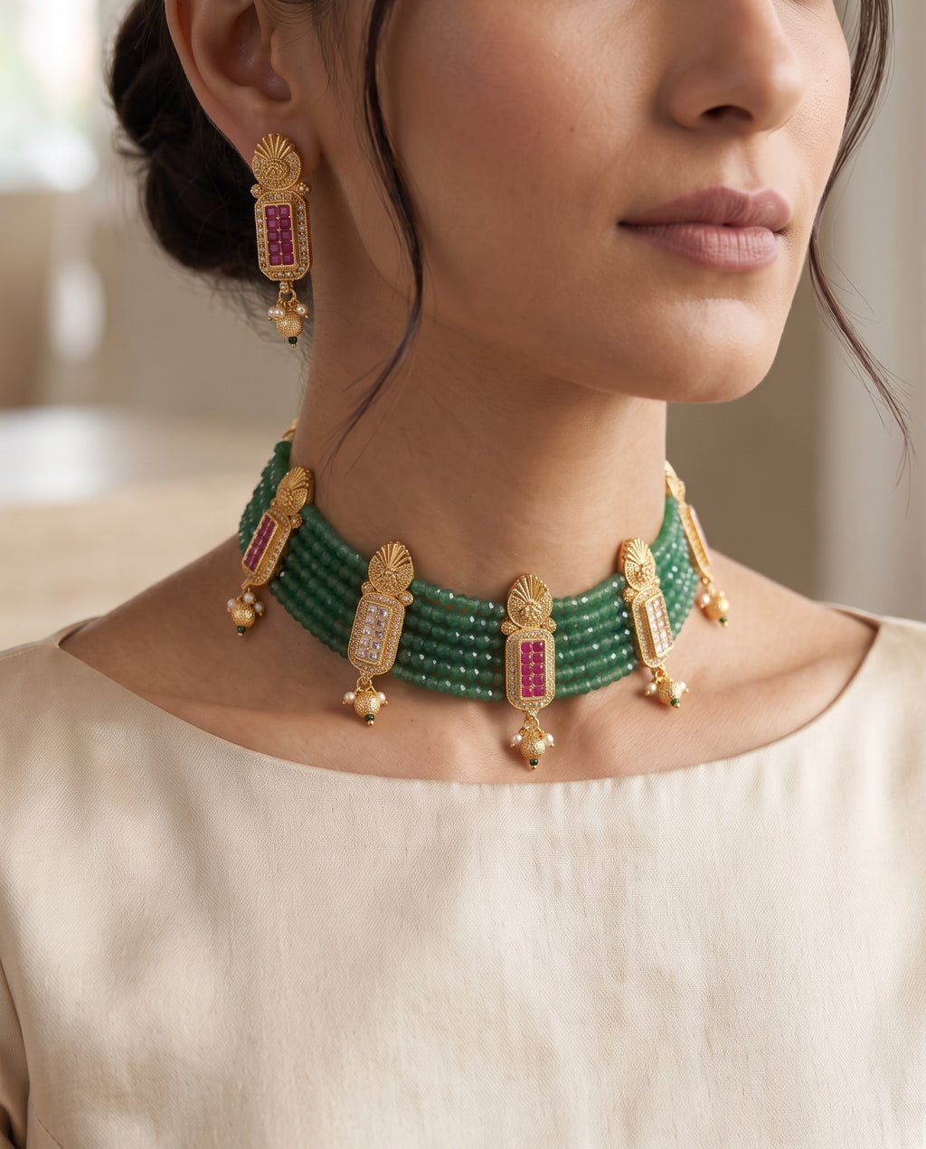 Green Bead Bar Choker Set