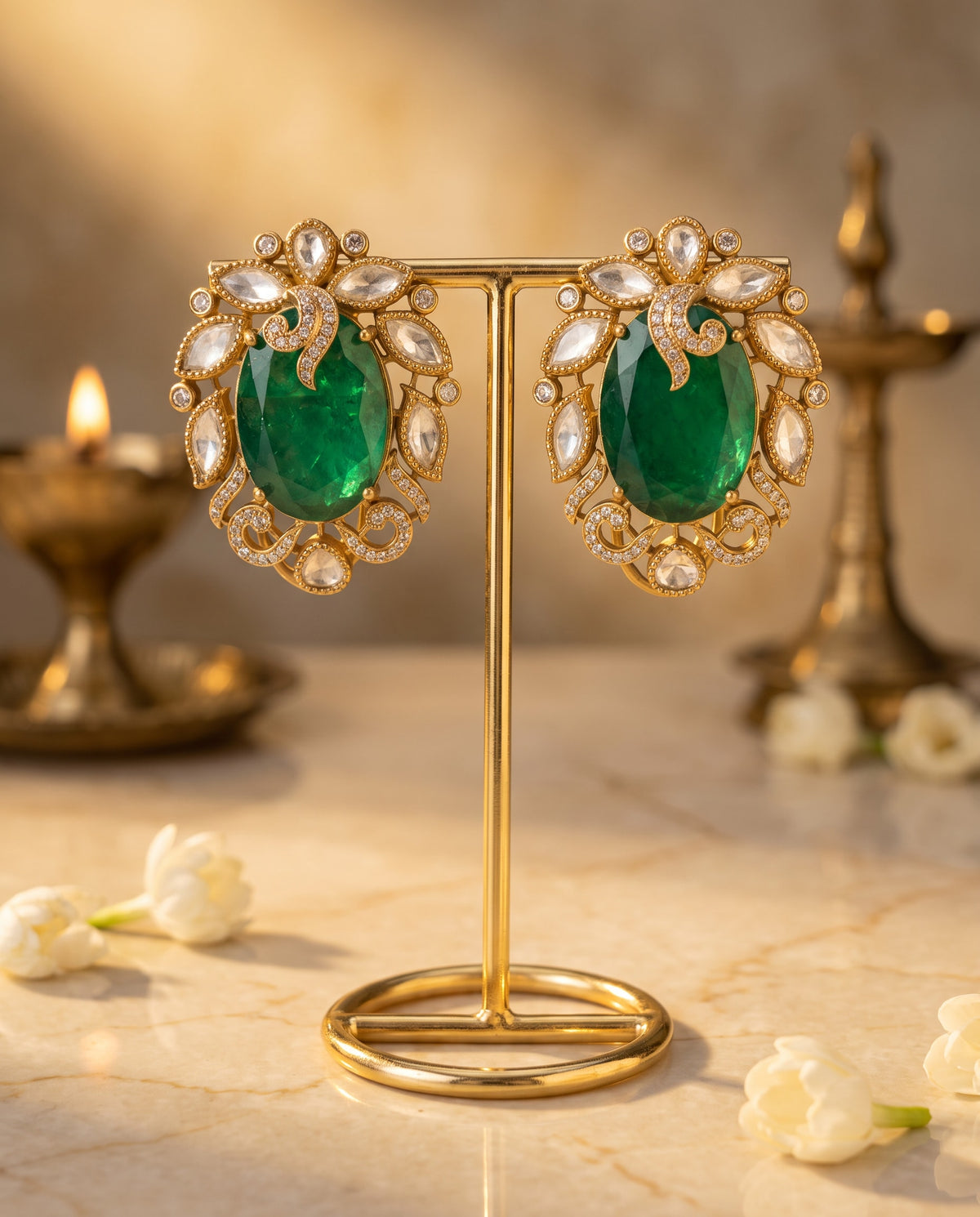 Green Oval Kundan Stud Earrings