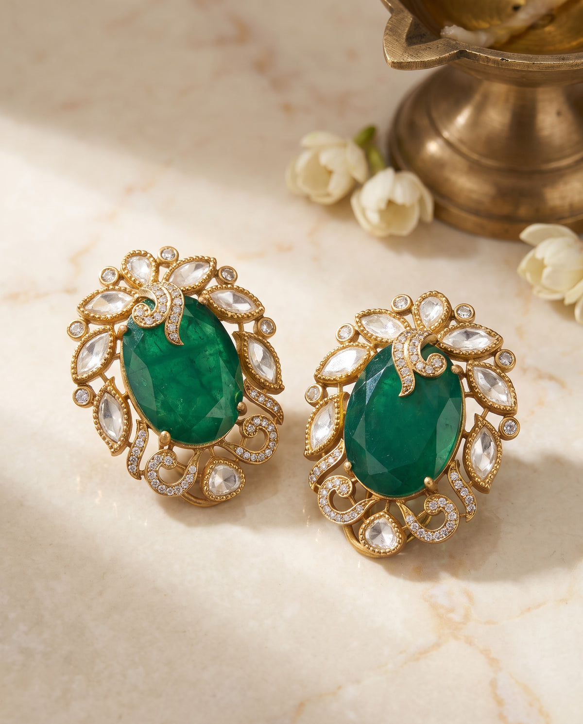 Green Oval Kundan Stud Earrings