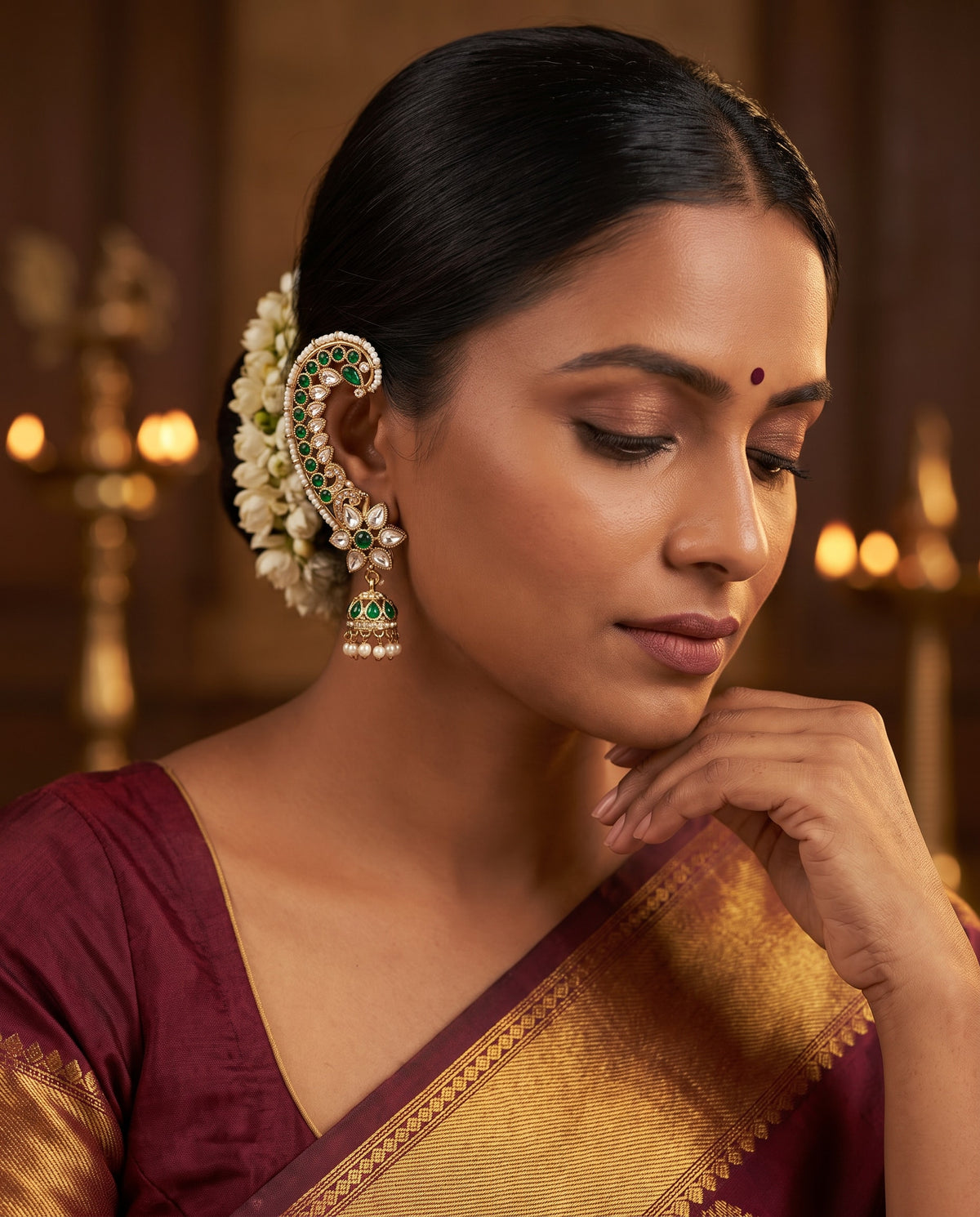 Green Stone Ear Cuff Jhumkas