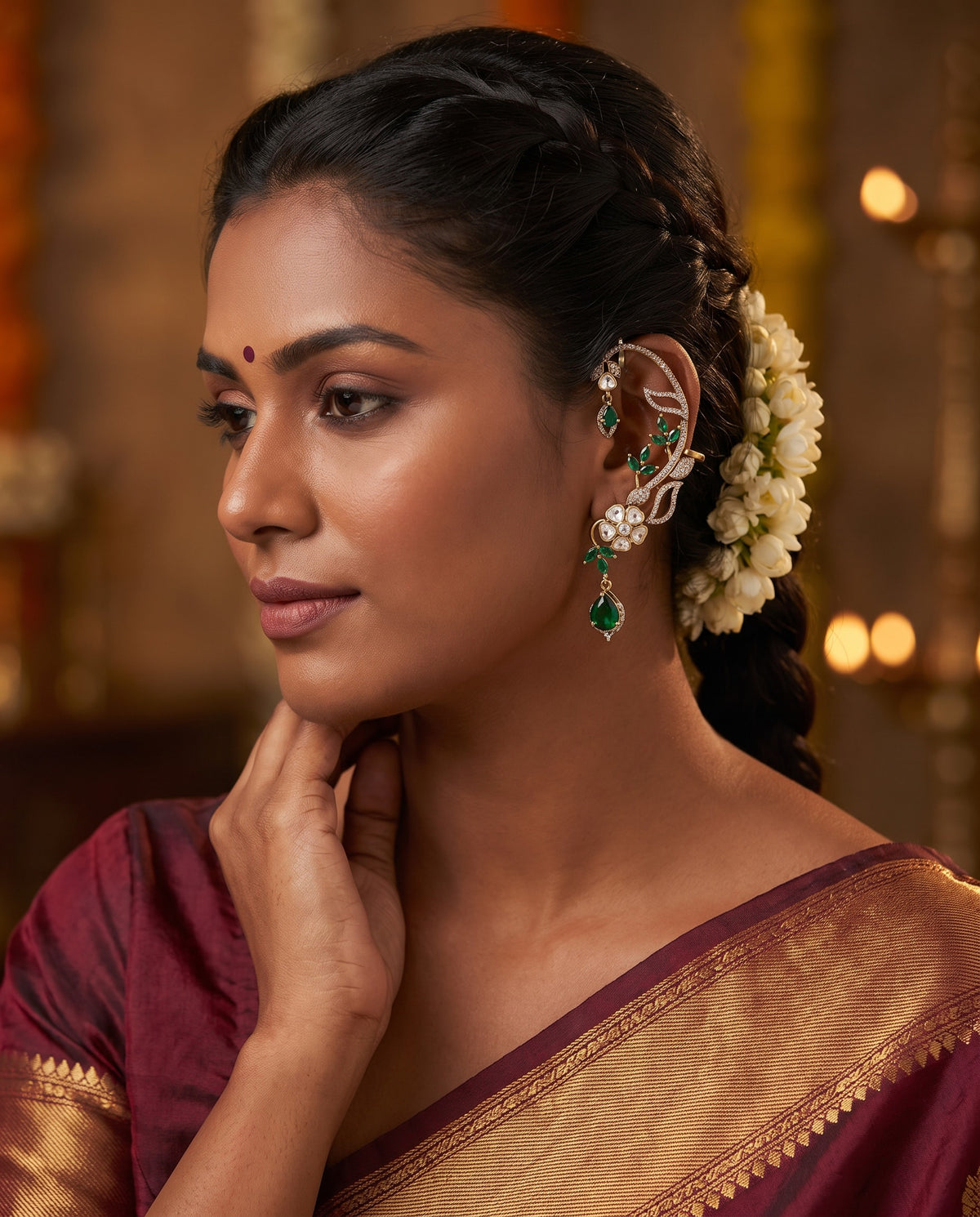 Green Stone Floral Ear Cuffs