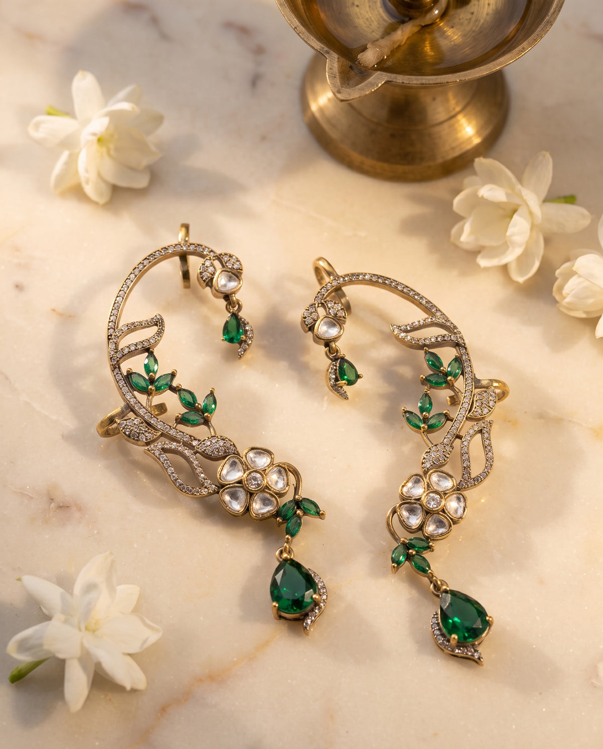 Green Stone Floral Ear Cuffs