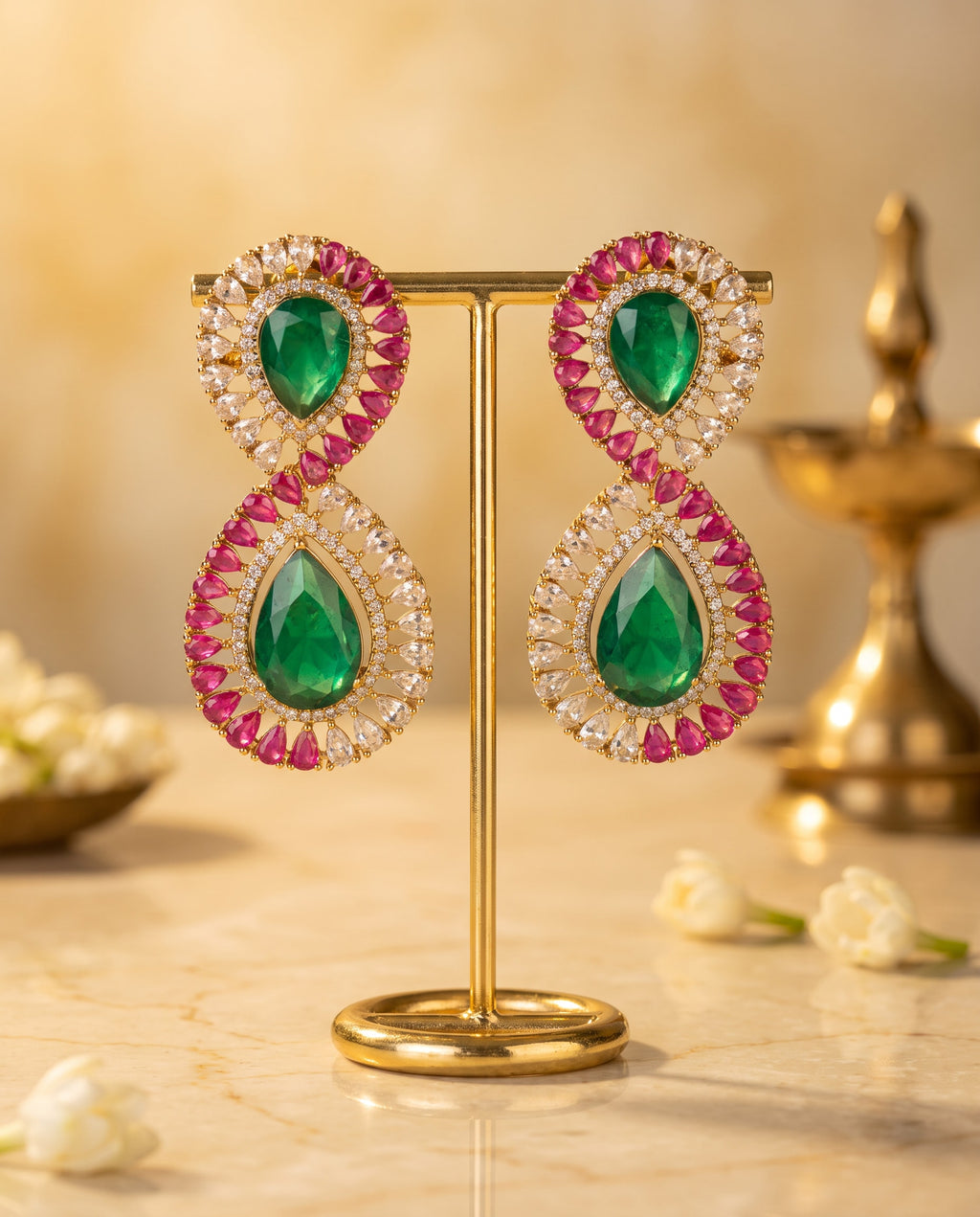 Green Teardrop Ruby Halo Earrings