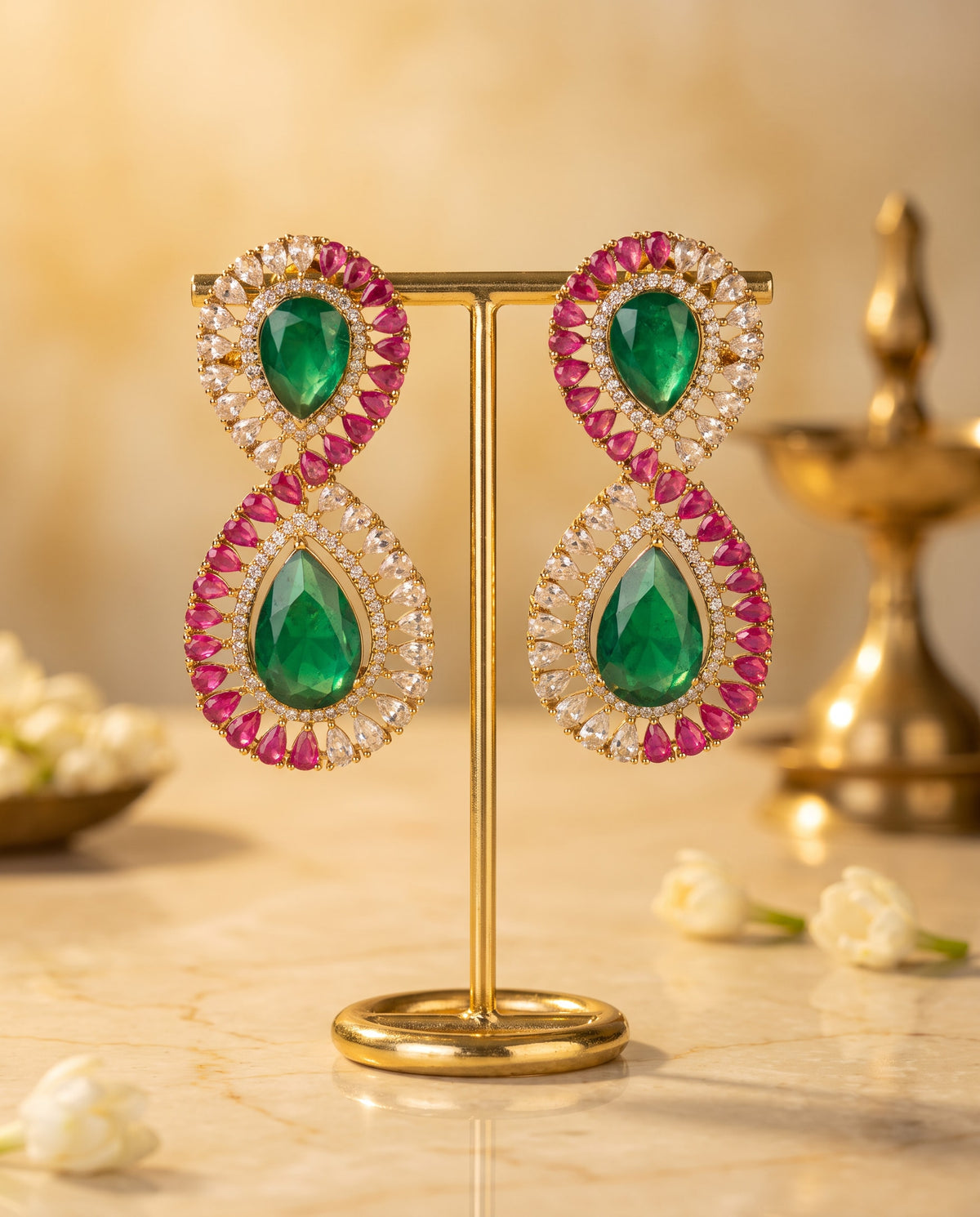Green Teardrop Ruby Halo Earrings