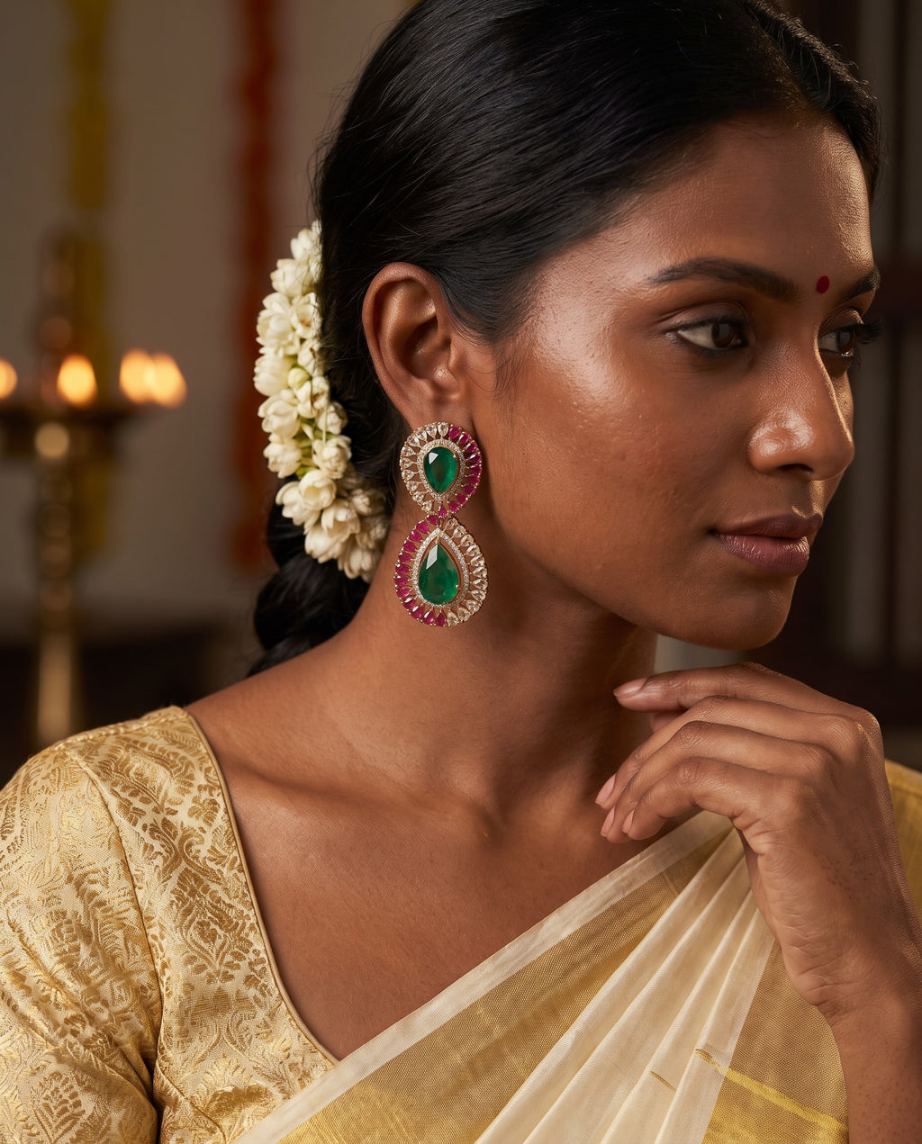 Green Teardrop Ruby Halo Earrings