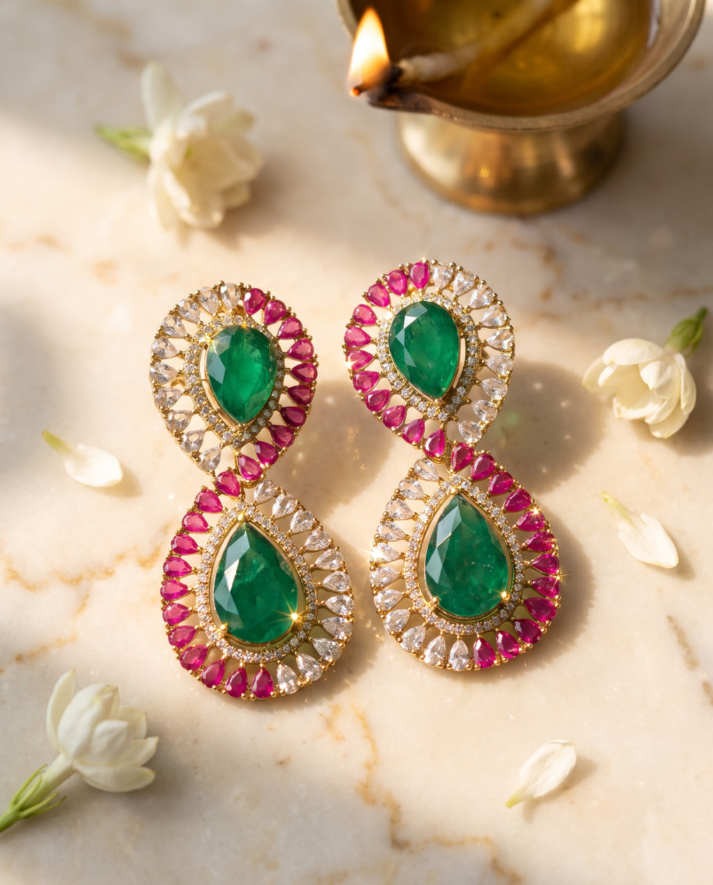 Green Teardrop Ruby Halo Earrings