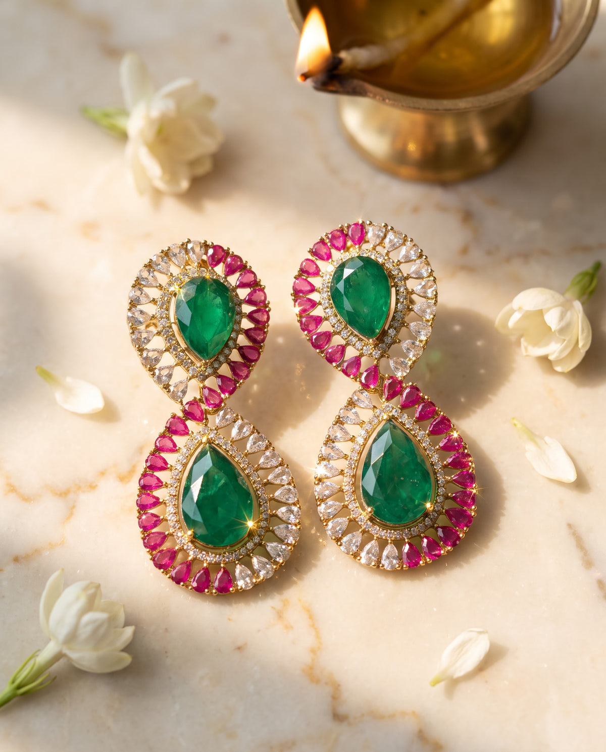 Green Teardrop Ruby Halo Earrings