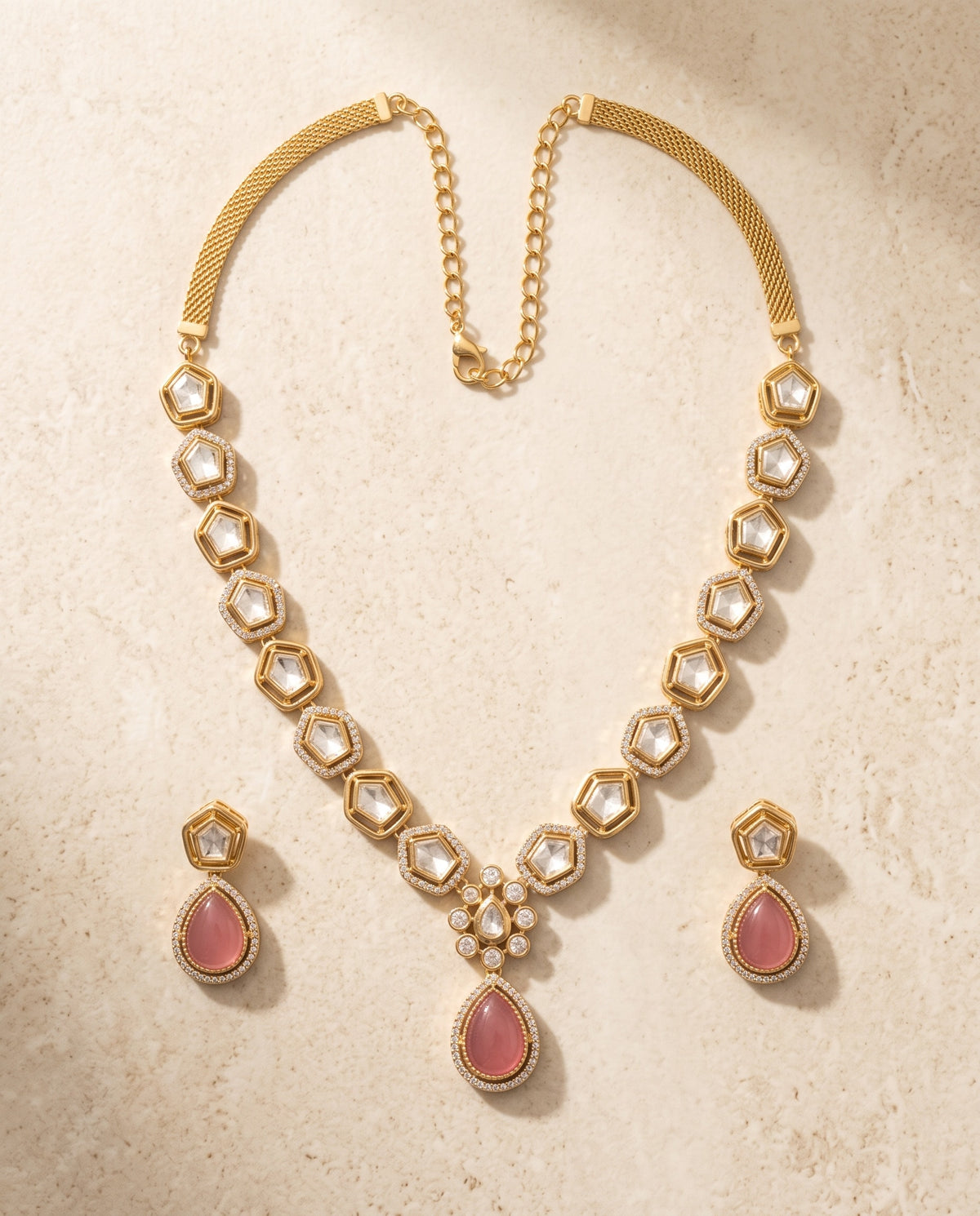 Hexagonal Kundan Pink Drop Set