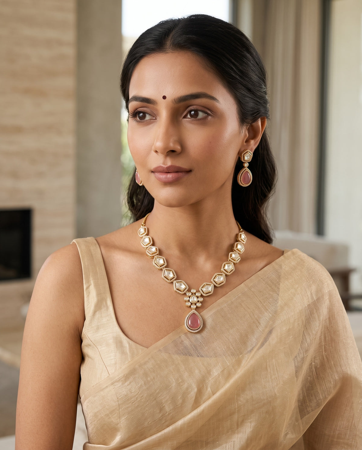 Hexagonal Kundan Pink Drop Set