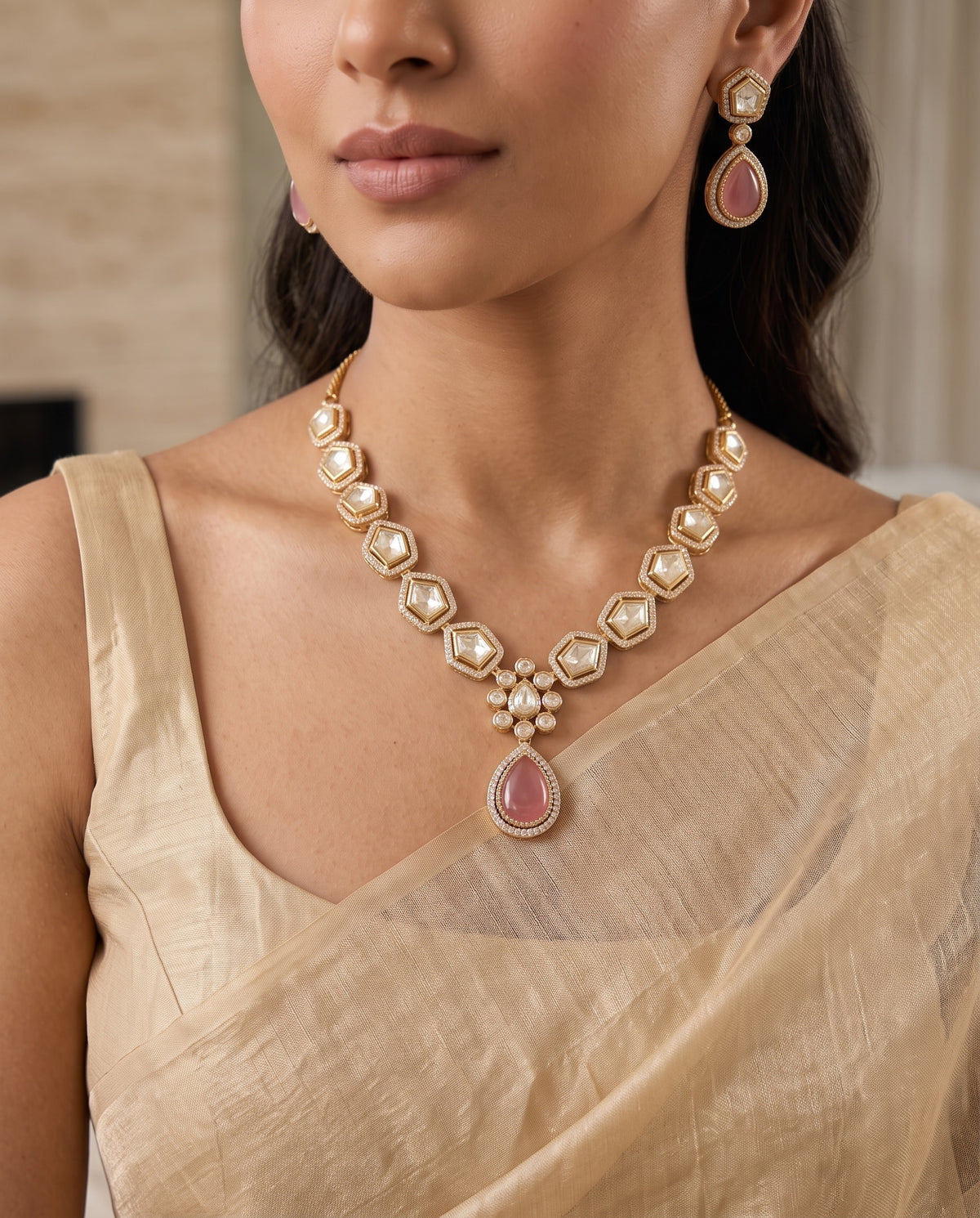 Hexagonal Kundan Pink Drop Set