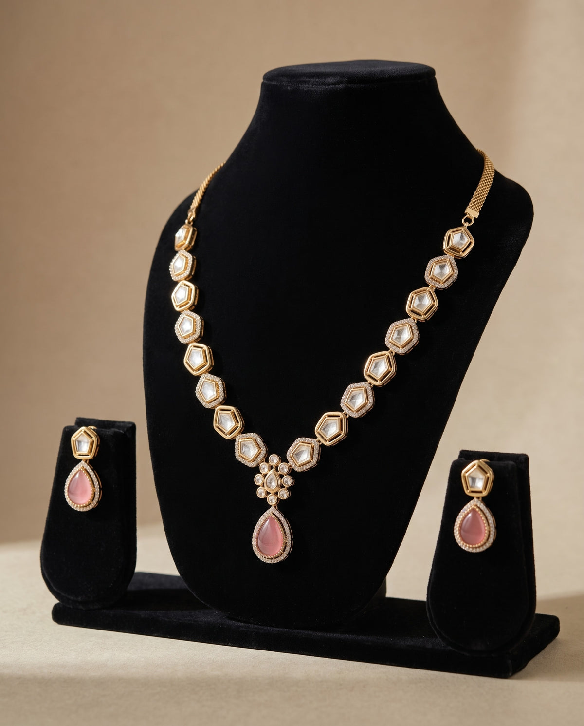 Hexagonal Kundan Pink Drop Set