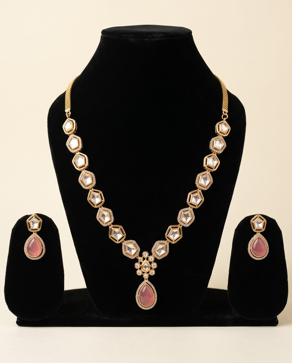 Hexagonal Kundan Pink Drop Set