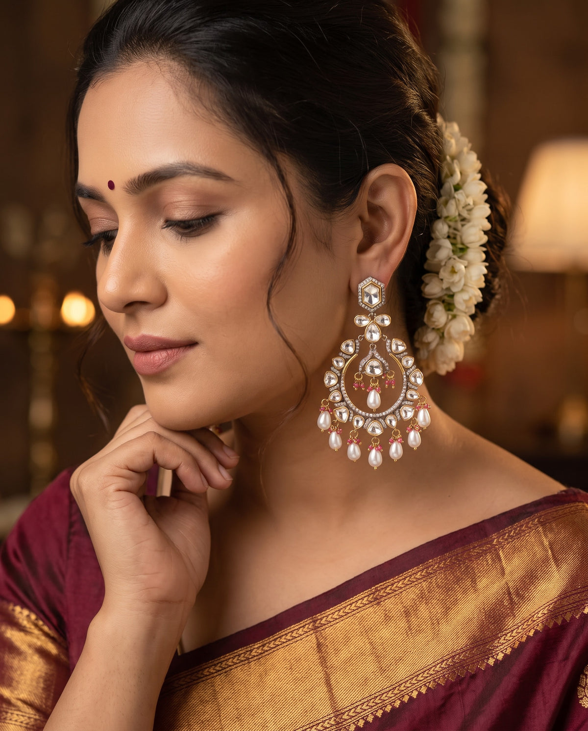 Kundan Pearl Drop Chandbali Earrings