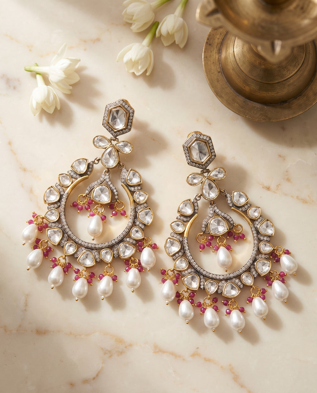 Kundan Pearl Drop Chandbali Earrings