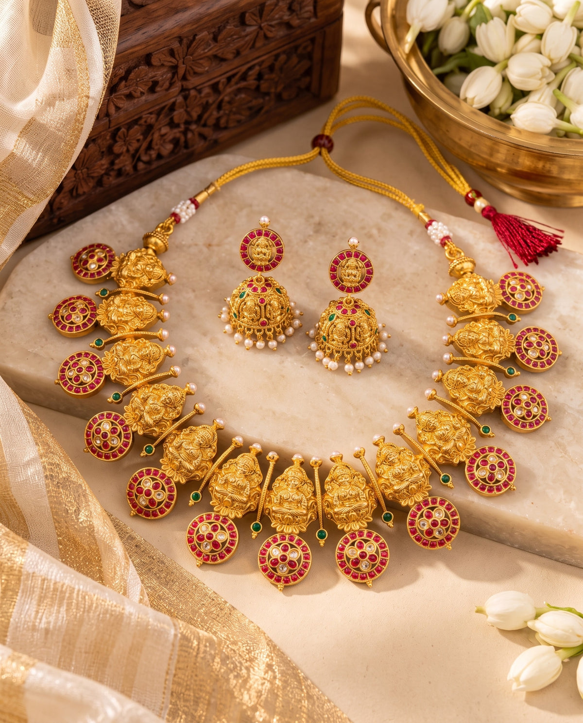 Lakshmi Motif Ruby Collar Set