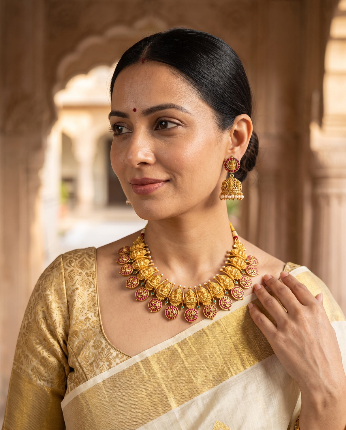 Lakshmi Motif Ruby Collar Set