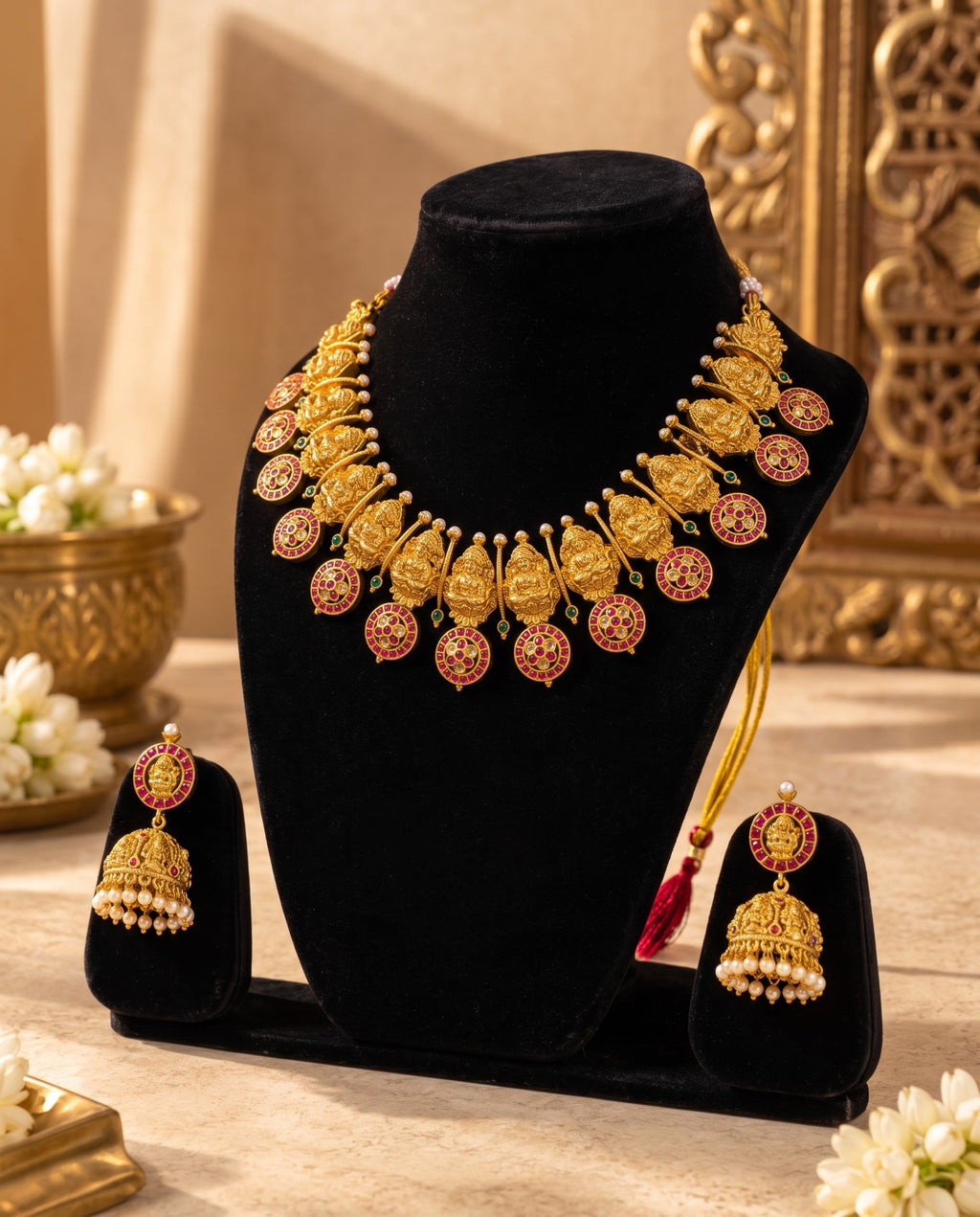 Lakshmi Motif Ruby Collar Set