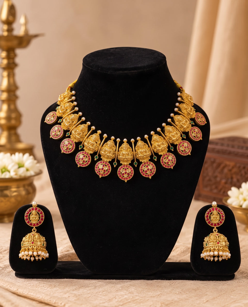 Lakshmi Motif Ruby Collar Set