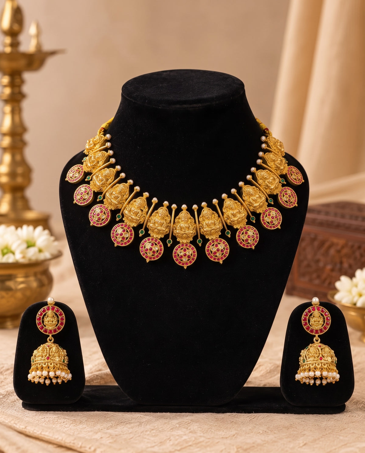 Lakshmi Motif Ruby Collar Set