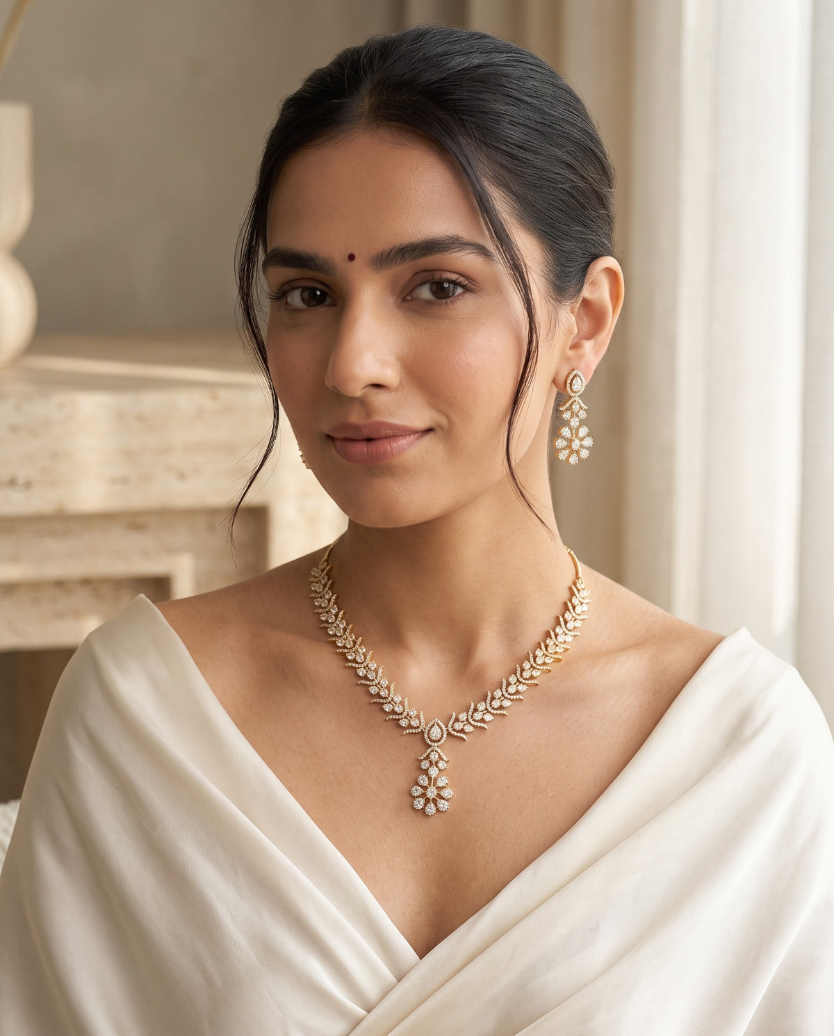 Leafy Diamond CZ Necklace Set