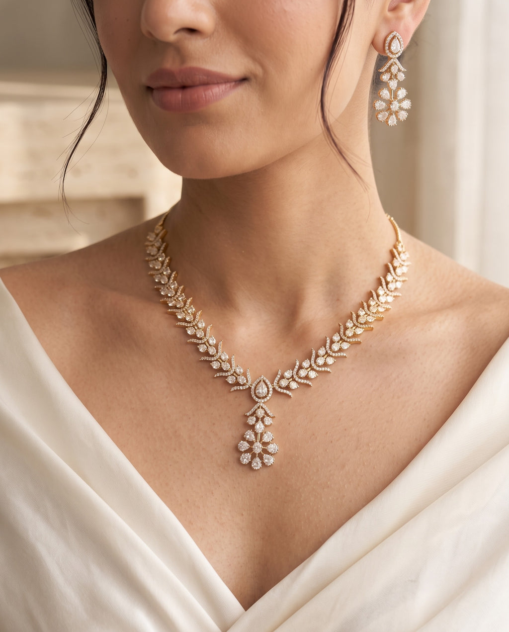 Leafy Diamond CZ Necklace Set