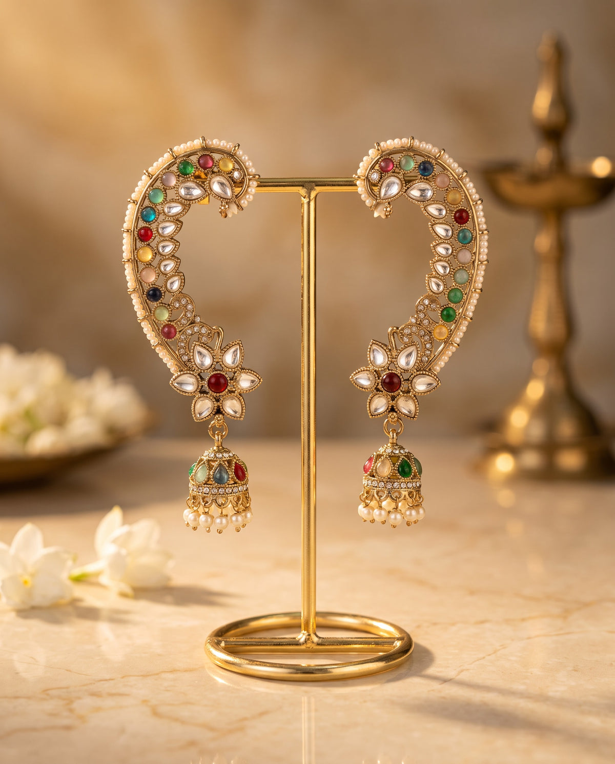Multicolor Kundan Ear Cuff Jhumkas