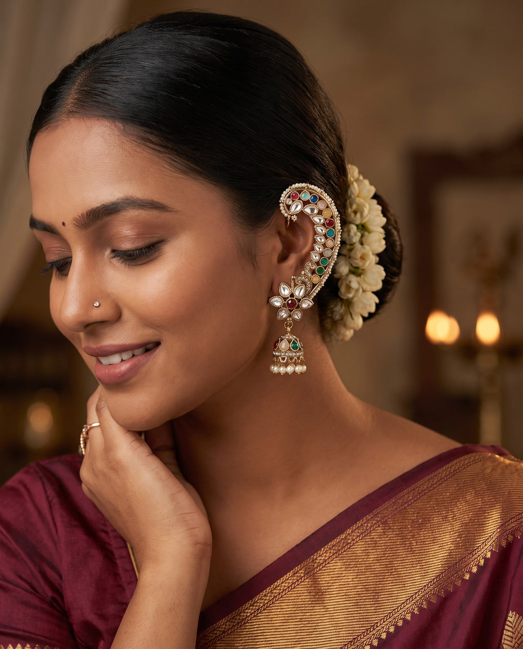 Multicolor Kundan Ear Cuff Jhumkas