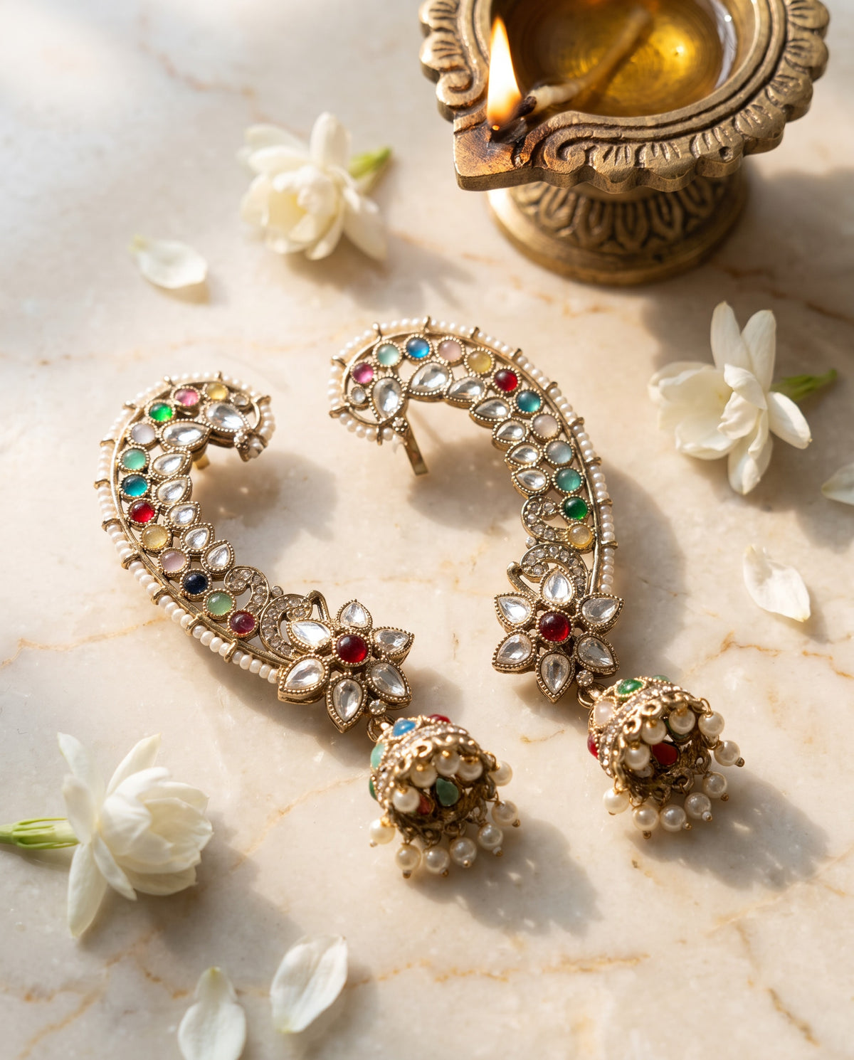 Multicolor Kundan Ear Cuff Jhumkas