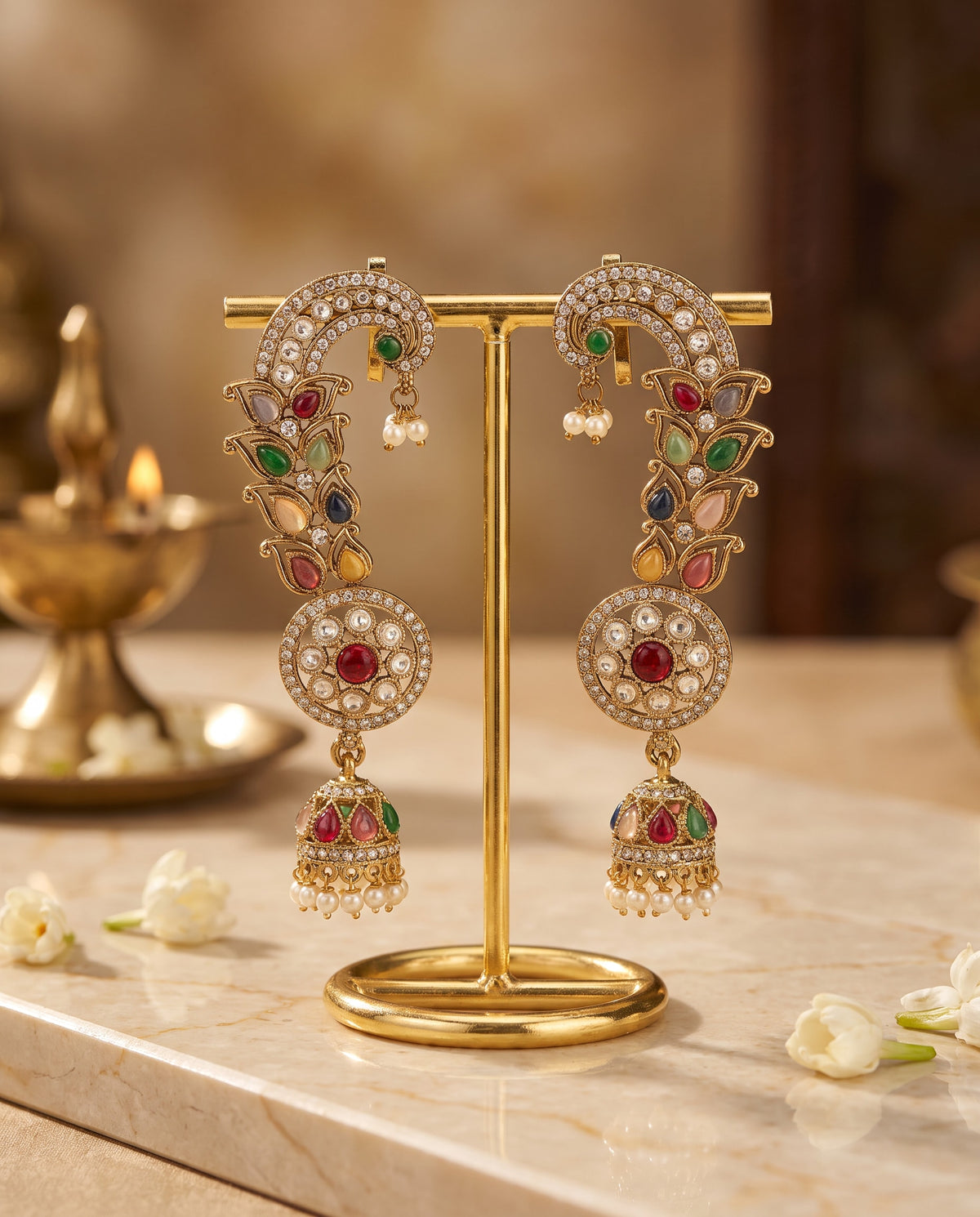 Multicolor Navratna Long Ear Cuffs
