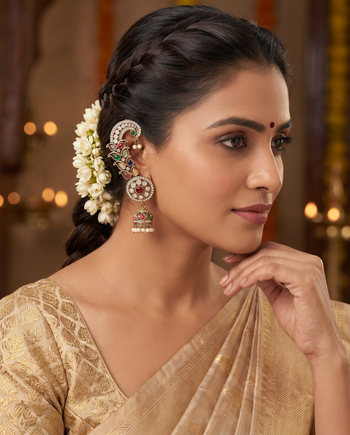 Multicolor Navratna Long Ear Cuffs