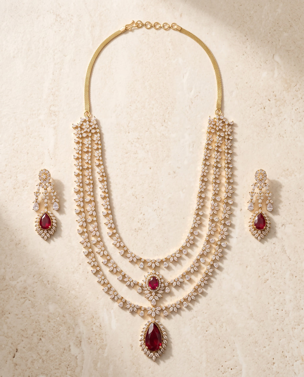 Three Layer Ruby CZ Necklace