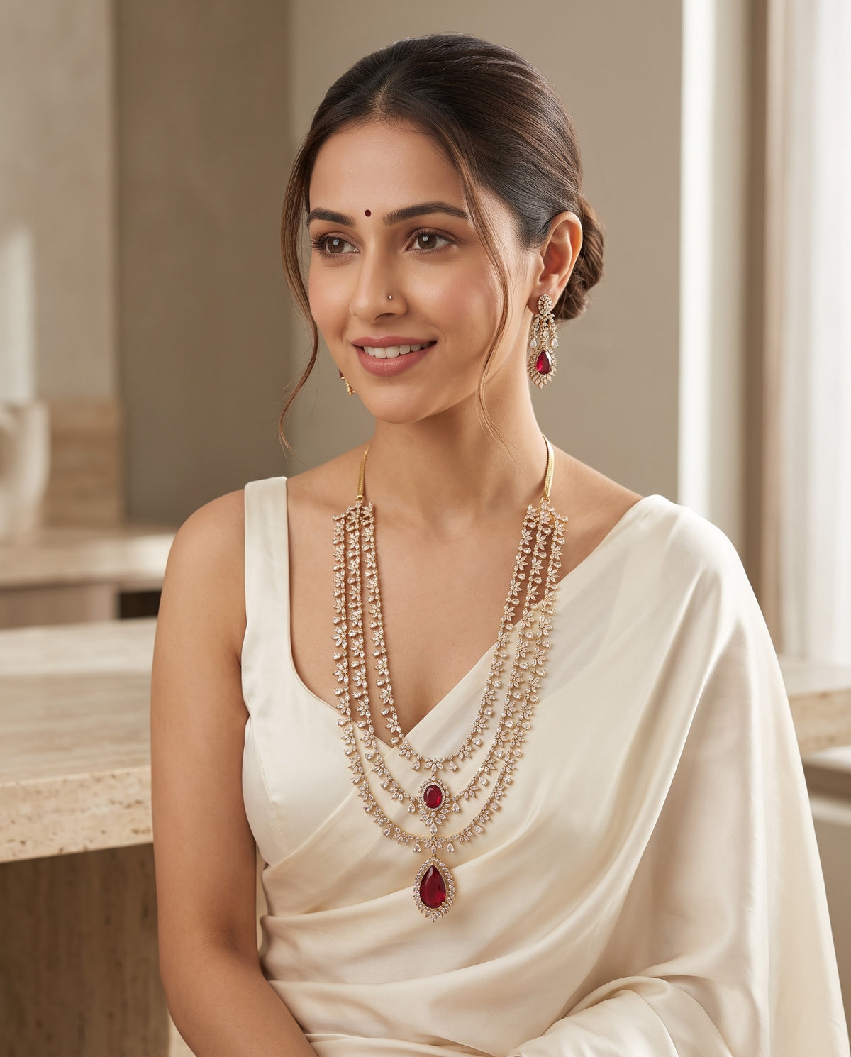 Three Layer Ruby CZ Necklace